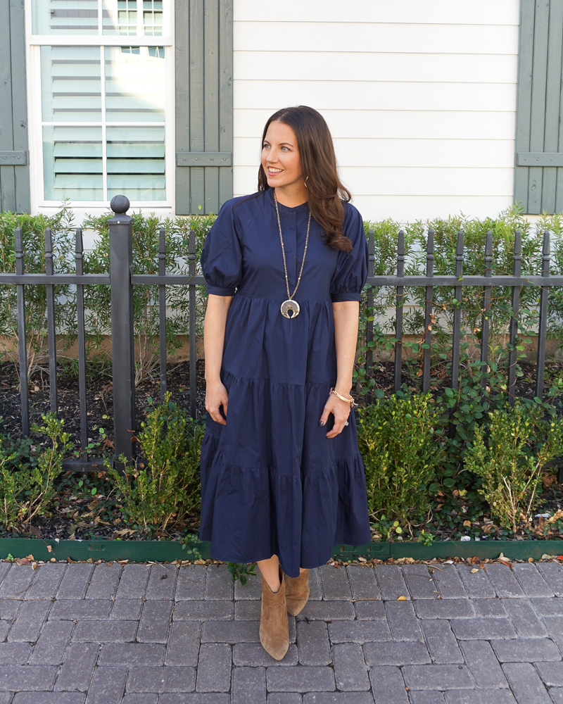 fall work outfit | dark blue short sleeve dress | stone pendant long necklace | Texas Fashion Blogger Lady in Violet