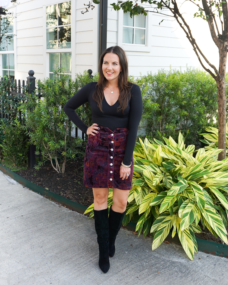 winter outfit | vneck black bodysuit | purple corduroy mini skirt | Texas Fashion Blogger Lady in Violet