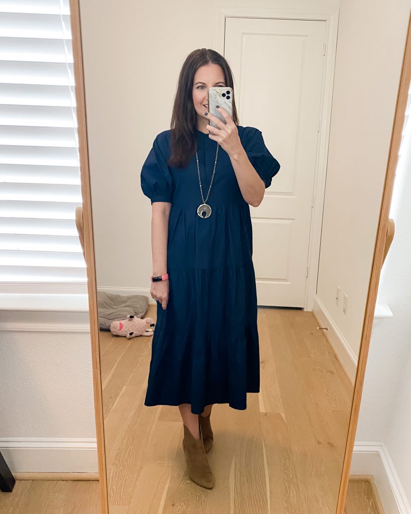 fall outfit ideas | navy midi dress | brown booties | Houston Fashion Blogger Lady in Violet