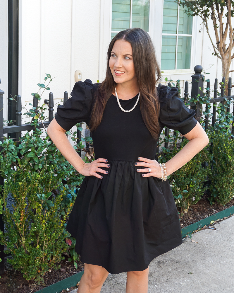 holiday party dresses | black puff sleeve dress | clear bead bracelets | Petite Fashion Blogger Lady in Violet