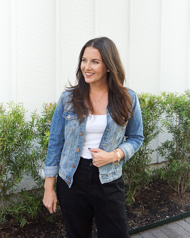 black joggers with denim jacket