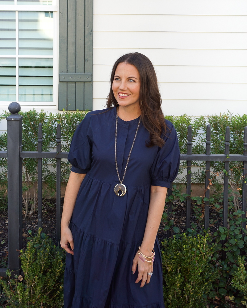 modest fall outfit | navy blue church dress | gold bracelets | Houston Fashion Blogger Lady in Violet
