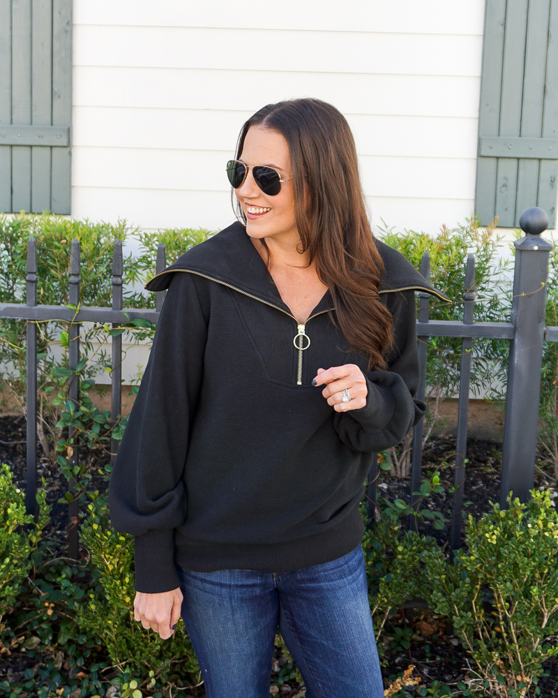 winter outfits | black half zip pullover sweatershirt | aviator sunglasses | Texas Fashion Blog Lady in Violet