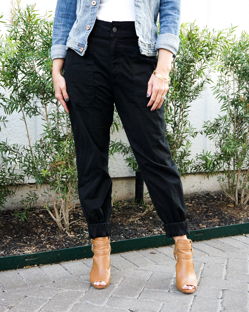 fall fashion | black jogger pants | brown peep toe booties with heel | Petite Style Blog Lady in Violet