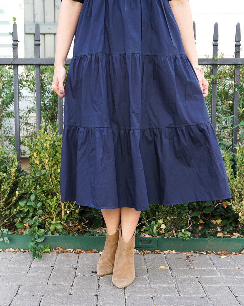 fall outfit | navy blue tiered midi dress | brown booties | Southern Fashion Blog Lady in Violet