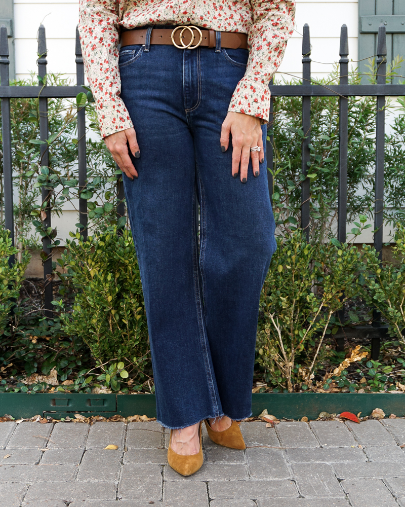 fall outfits | brown gold buckle belt | frayed hem petite jeans | Southern Style Blog Lady in violet