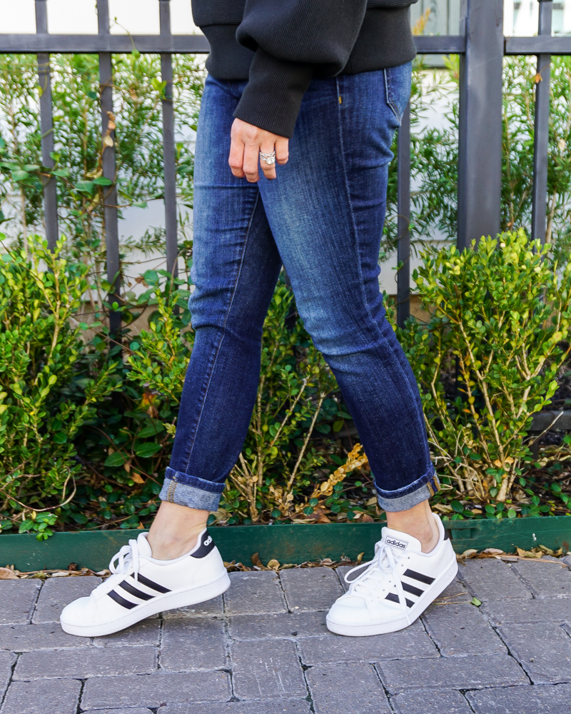 winter fashion | joes jeans icon jean | white adidas sneakers | American Fashion Blog Lady in Violet
