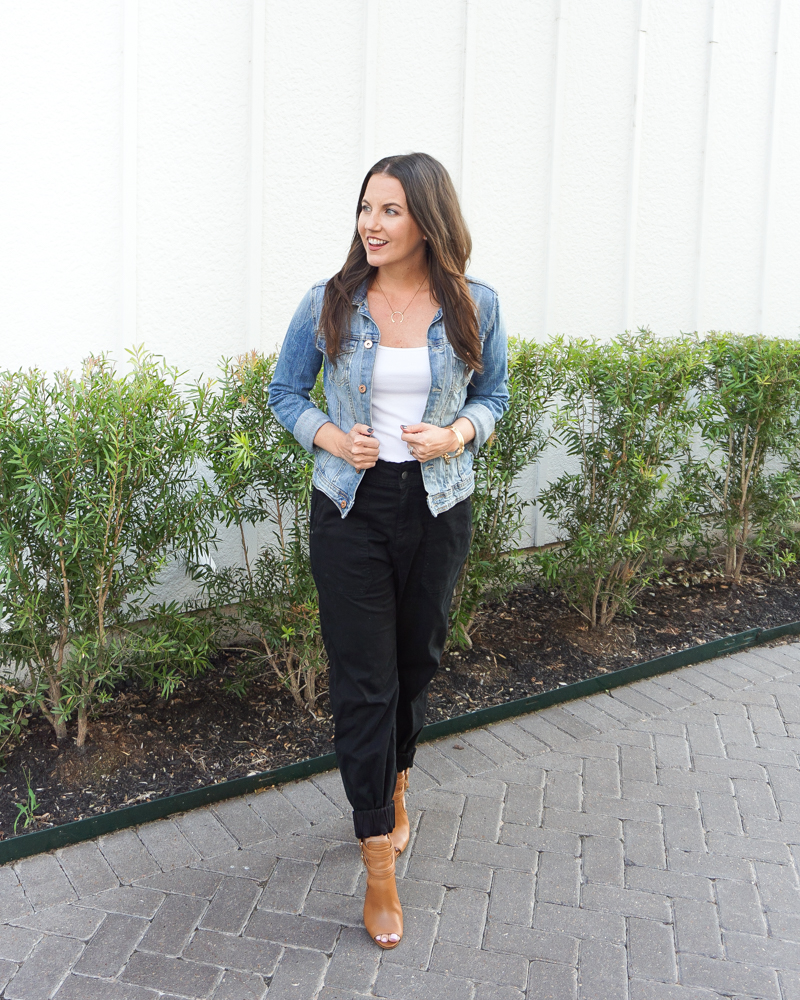 fall casual outfit | black joggers | blue jean jacket | Over 30 Fashion Blog Lady in Violet