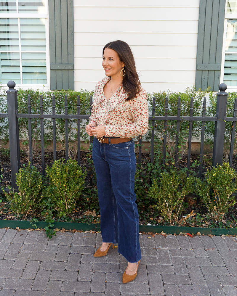 fall outfit | wide leg jeans | wide collar top | Petite Style Blogger Lady in Violet