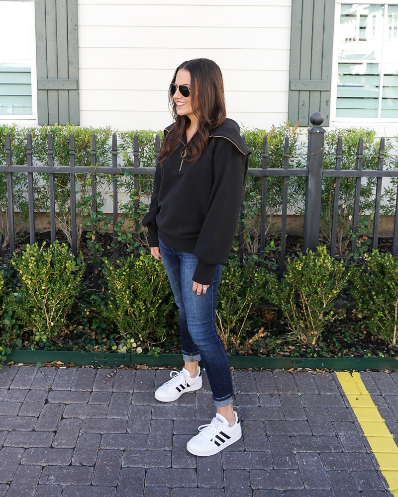 winter casual outfit | black half zipper sweater | white sneakers with black stripe | Over 30 Fashion Blog Lady in Violet