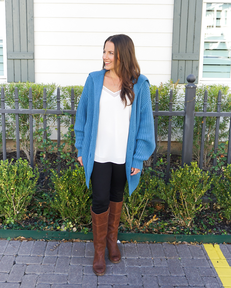winter casual outfit | free people blue cardigan sweater | layering tops | Over 30 Fashion Blog Lady in Violet