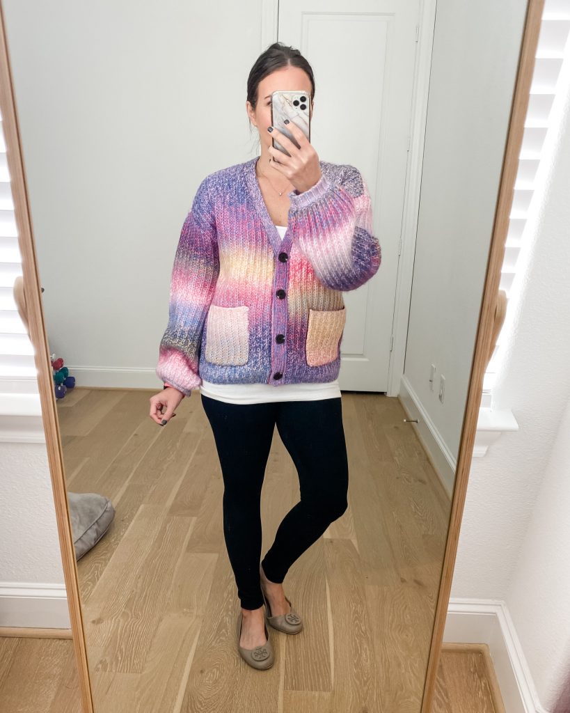 winter loungewear | rainbow cardigan sweater | black leggings | Petite Fashion Blog Lady in Violet