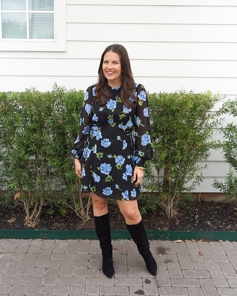 holiday party outfit | blue rose floral print mini dress | black suede boots | Petite Fashion Blog Lady in Violet