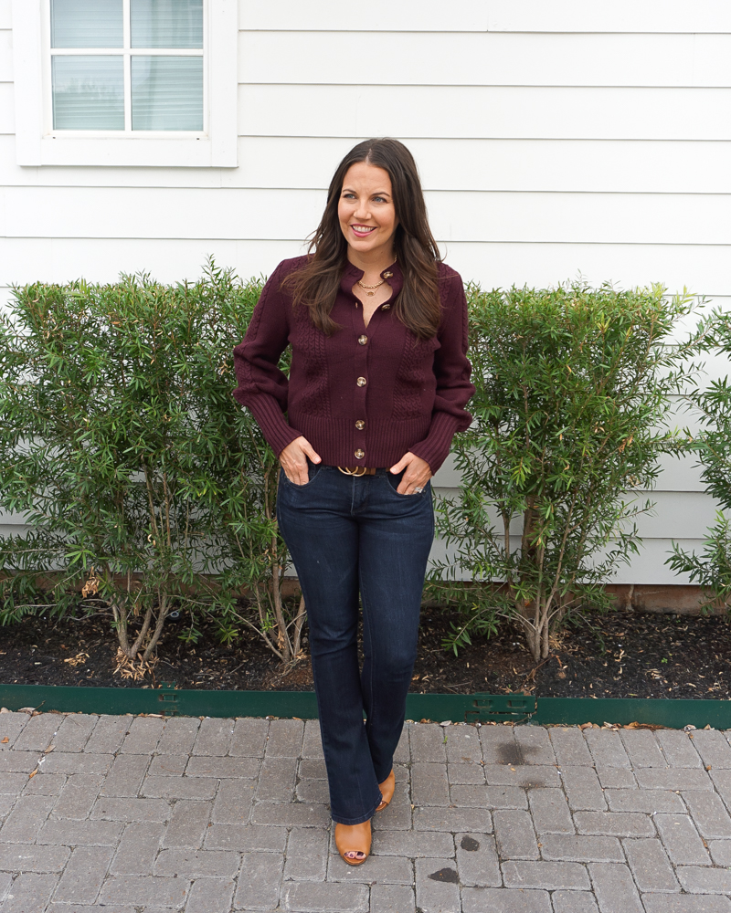 winter outfit | maroon cardigan sweater | petite bootcut jeans | Texas Fashion Blog Lady in Violet