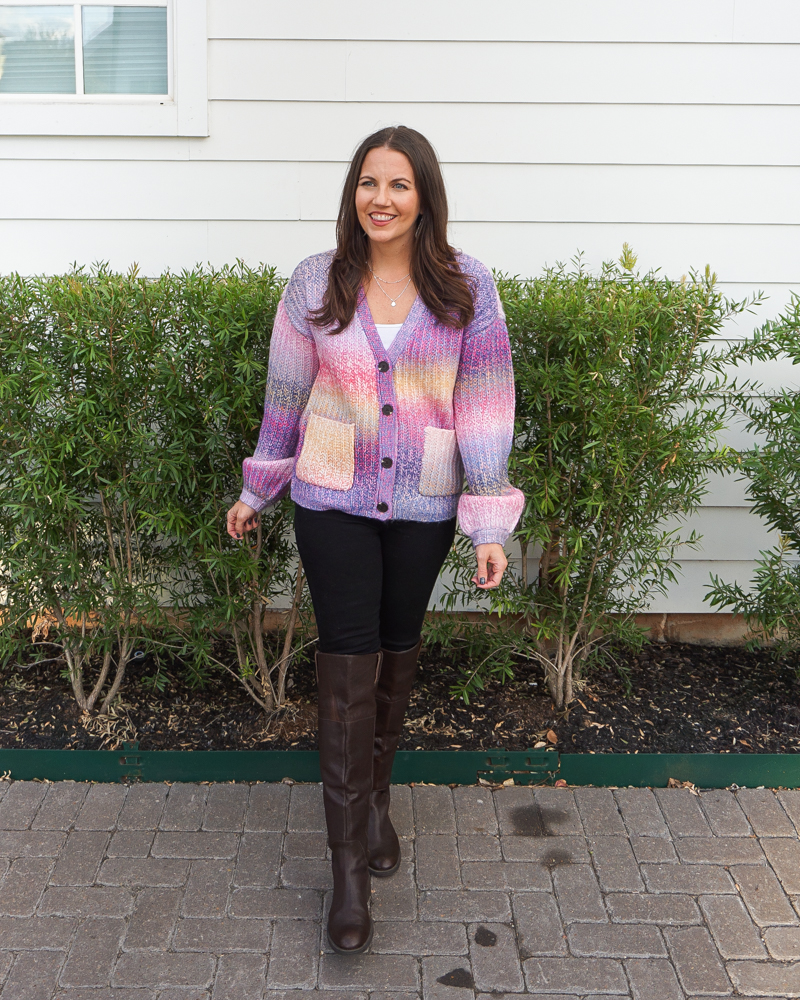 winter outfit | rainbow color cardigan sweater | black skinny jeans | Houston Fashion Blog Lady in Violet