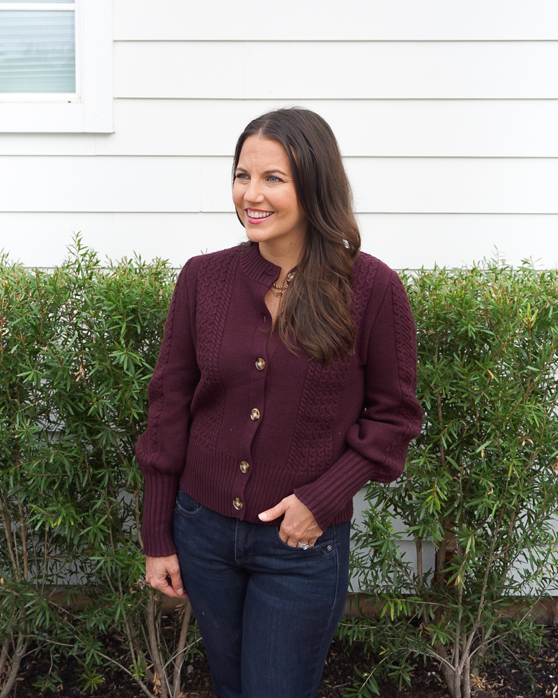 winter outfits | burgundy cardigan sweater | gold rope necklace | Petite Fashion Blog Lady in Violet