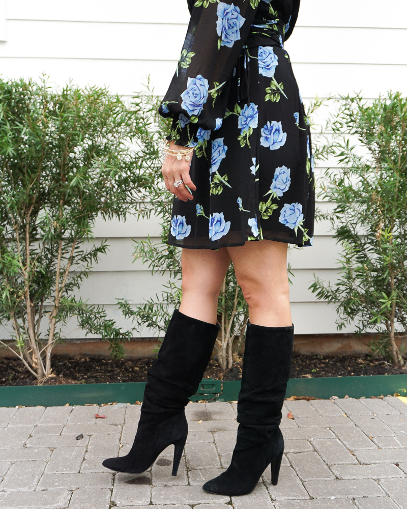 fall outfit | blue floral print mini dress | black suede boots | Texas Fashion Blog Lady in Violet