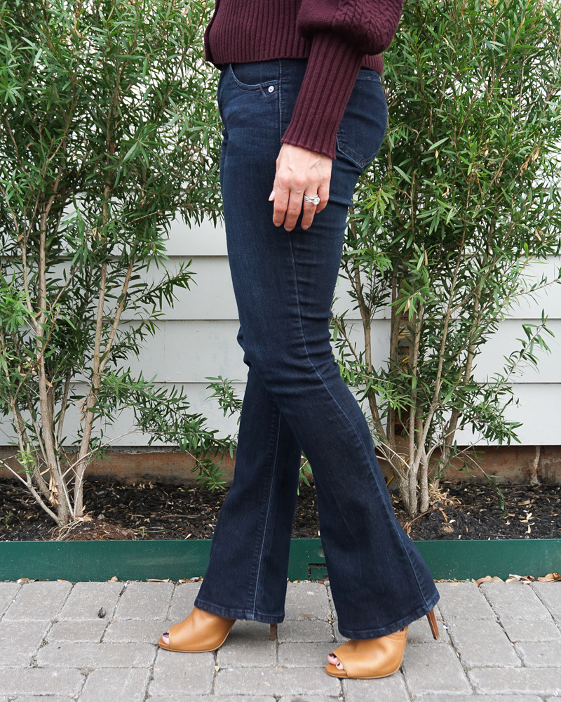 winter casual outfit | dark blue bootcut jeans | peep toe booties | Houston Fashion Blog Lady in Violet