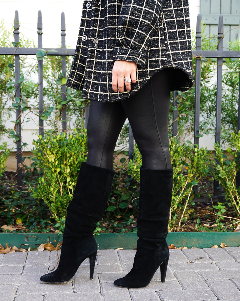 winter outfit | spanx faux leather leggings | black suede boots | Houston Fashion blog Lady in Violet