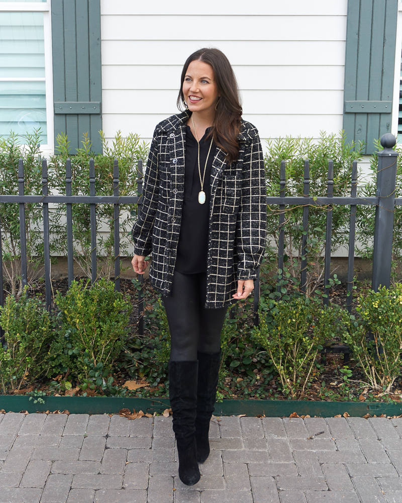 new years eve outfit | black plaid shacket | faux leather leggings | Houston Fashion Blogger Lady in Violet