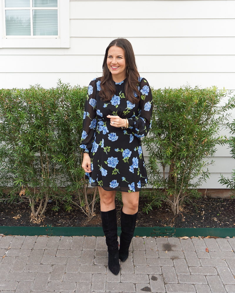 wedding guest outfit | long sleeve black dress | slouchy boots | Over 30 Fashion Blog Lady in Violet