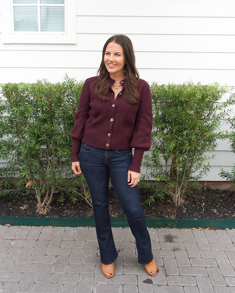 winter outfit | short dark maroon sweater | dark wash bootcut jeans | Texas Fashion Blogger Lady in Violet