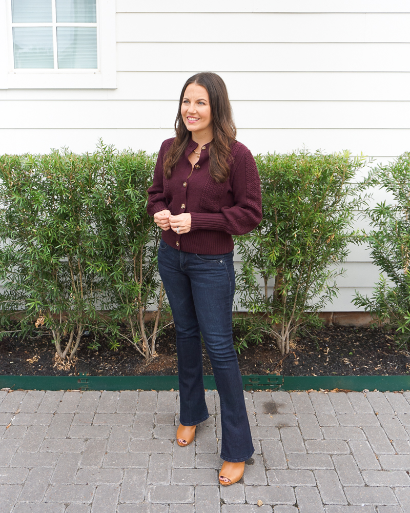 fall outfit | burgundy short cardigan sweater | petite bootcut jeans | Petite Fashion Blogger Lady in Violet