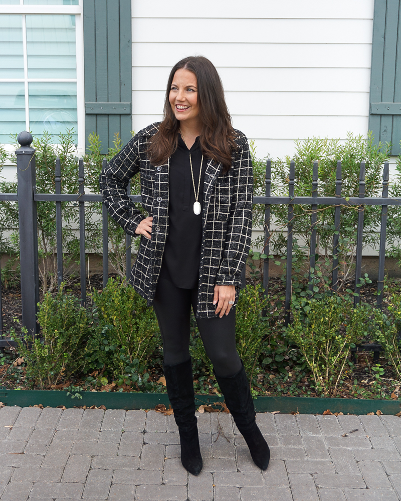 nye outfit | black windowpane shacket | Petite Fashion Blogger Lady in Violet