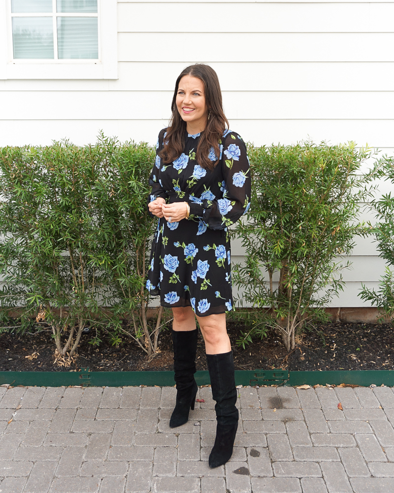 party outfit | blue rose short dress | steve madden boots | petite fashion blogger Lady in Violet