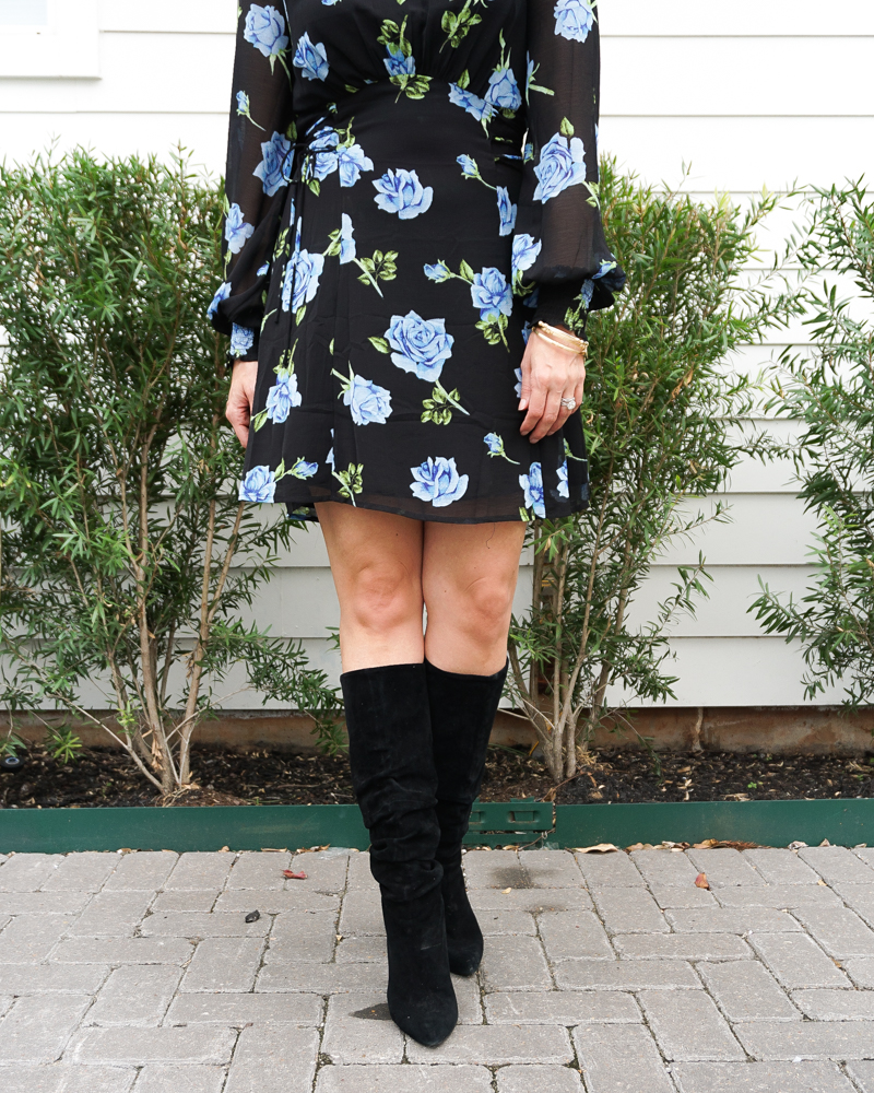 winter outfit | dark floral print dress | black slouch boots | Houston Fashion Blogger Lady in Violet