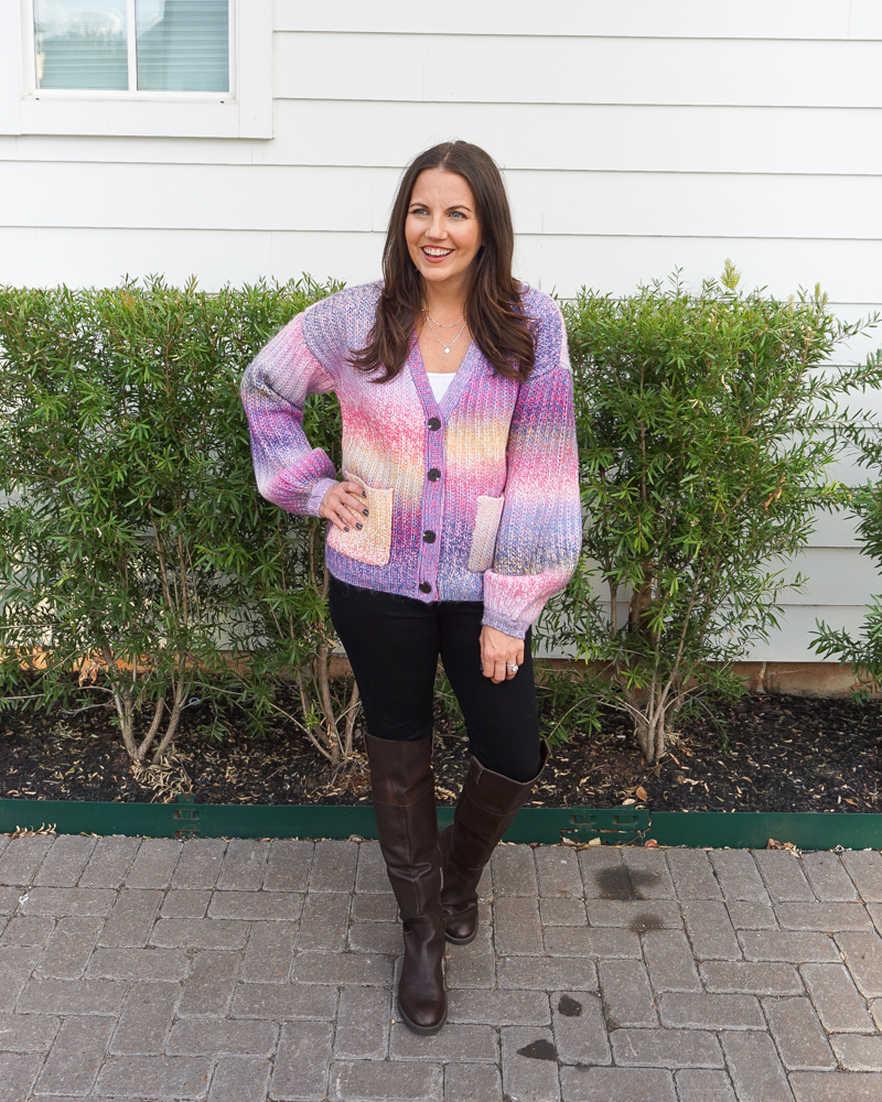 fall casual outfit | pink striped cardigan sweater | brown boots | Over 30 fashion blogger Lady in Violet