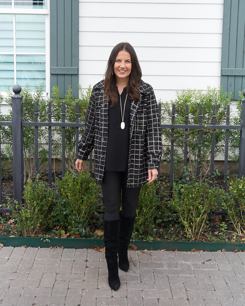 winter outfit | black plaid shacket | leather leggings | Over 30 Fashion Blogger Lady in Violet