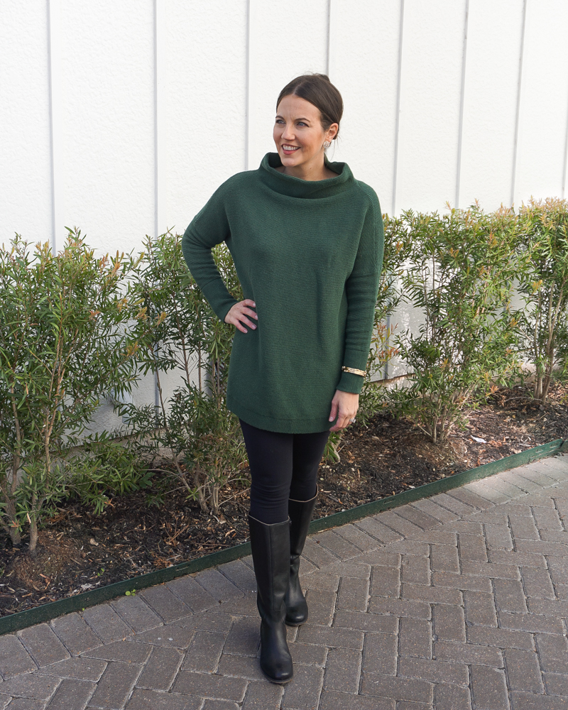 winter outfit | green tunic sweater | black leggings | Petite Fashion Blog Lady in Violet