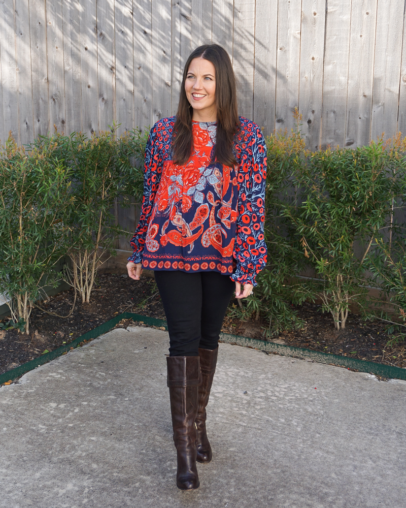 winter outfit | red blue paisley blouse | black jeans | Texas Fashion Blog Lady in Violet