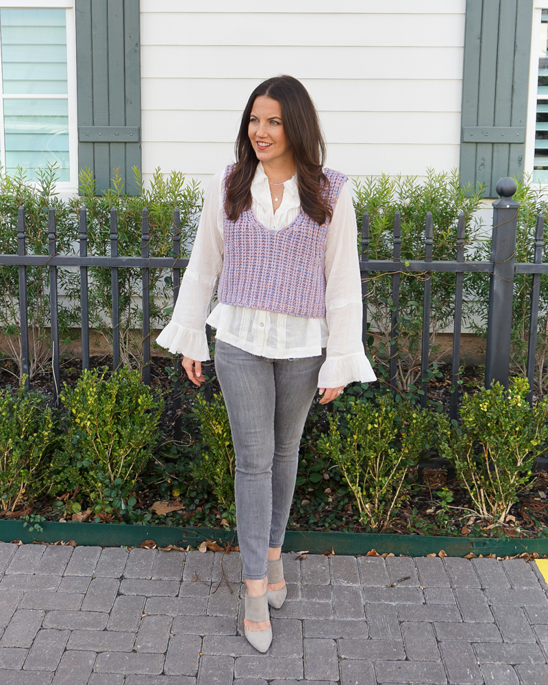 winter outfit | white ruffle blouse | pink blue sweater vest | Houston Fashion Blog Lady in Violet
