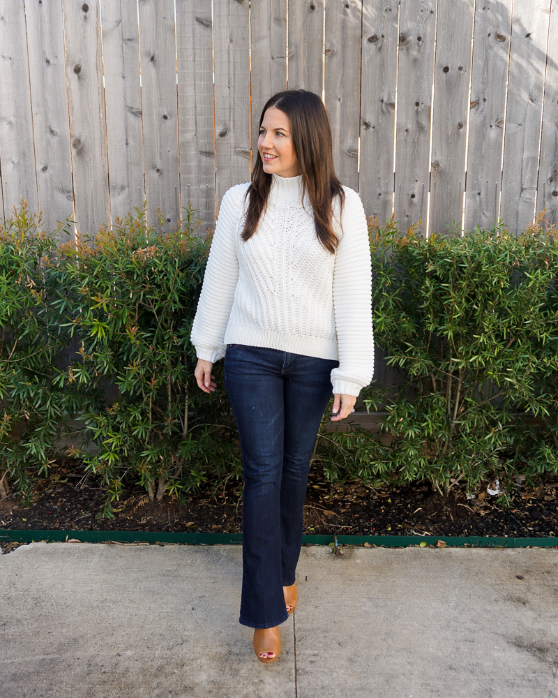 winter outfit | white sweater | dark blue bootcut jeans | Petite Fashion Blog Lady in Violet