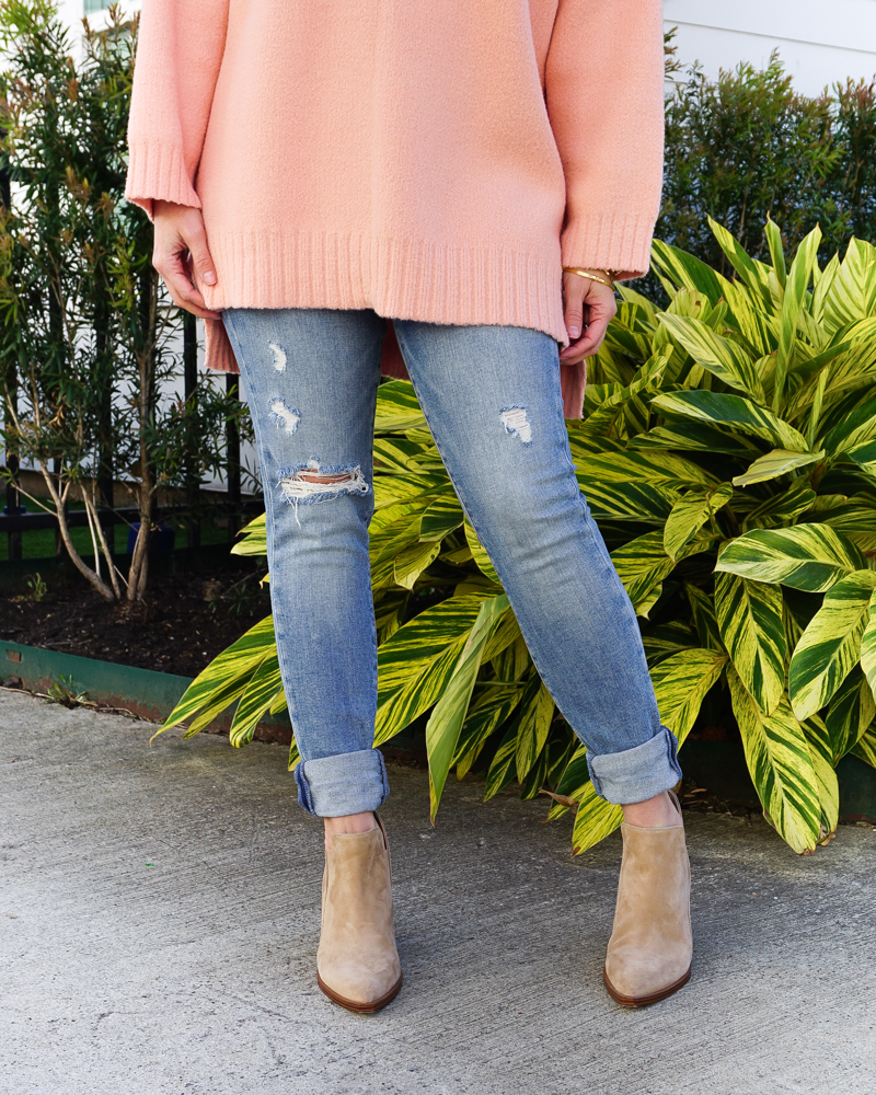 winter fashion | light blue distressed jeans | light tan booties | Houston Fashion Blog Lady in Violet