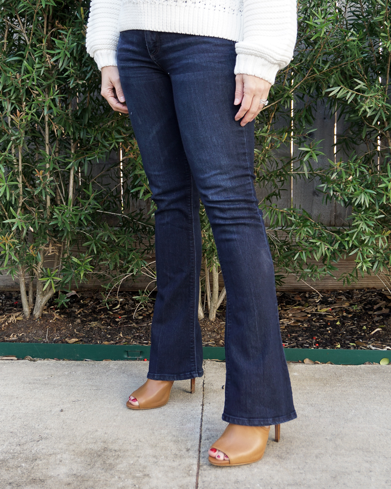 winter workwear | petite dark blue bootcut jeans | brown peep toe dress booties | Texas Fashion Blog Lady in Violet