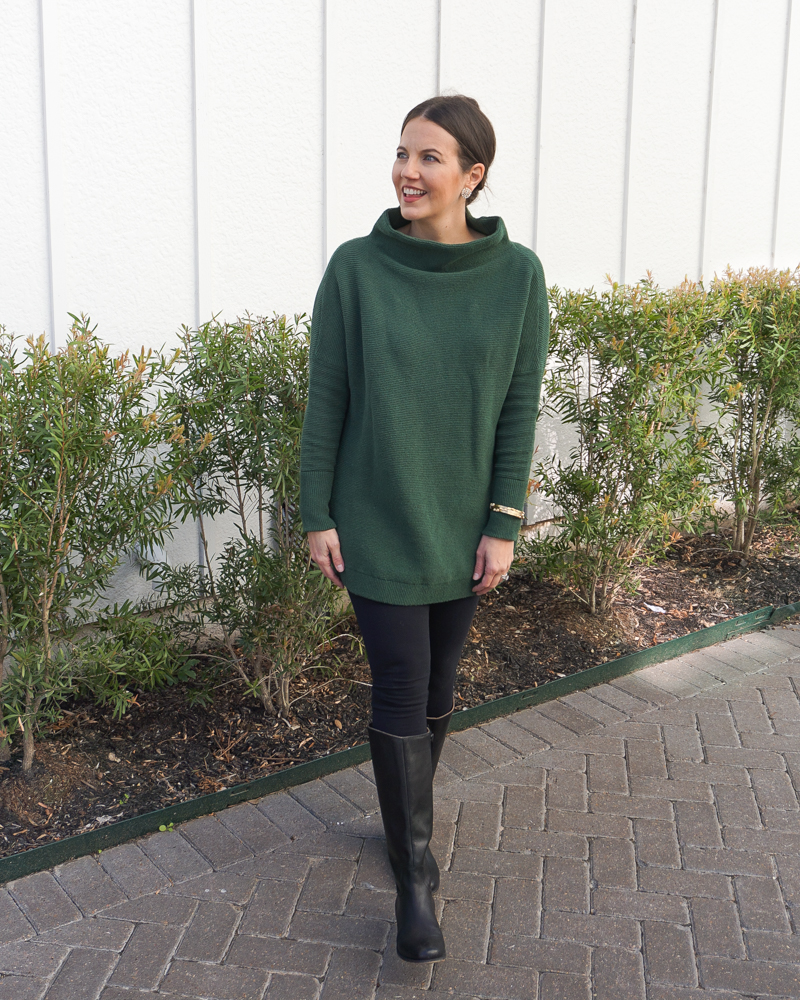 Green Sweater, Leggings, Black Boots, Grey Tote, Gold Circle