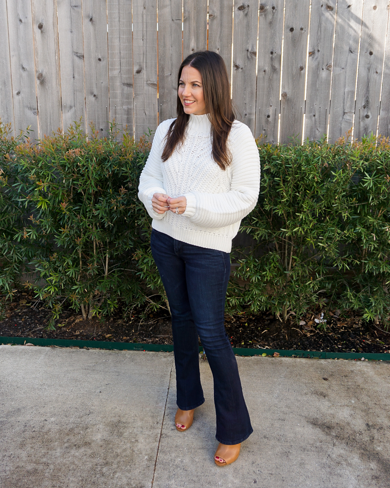 winter work outfit | white turtleneck sweater | petite flared jeans | Texas Fashion Blogger Lady in Violet