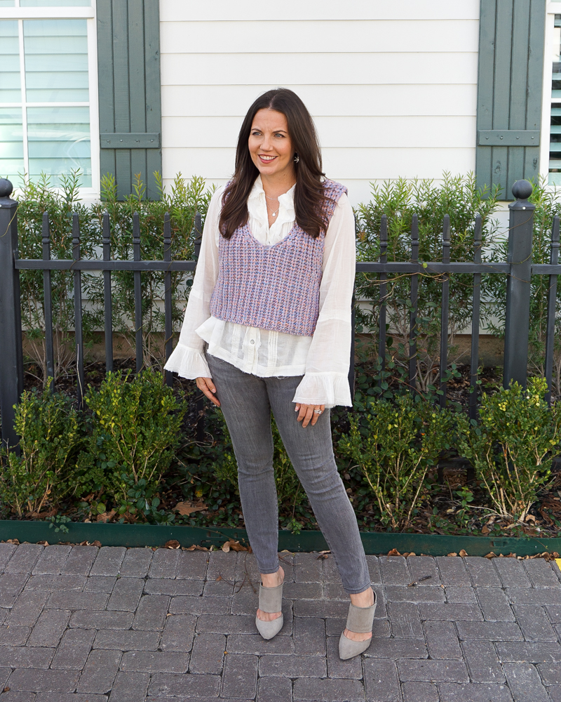 fall outfit | white statement sleeve top | v neck sweater vest | Petite Fashion Blogger Lady in Violet