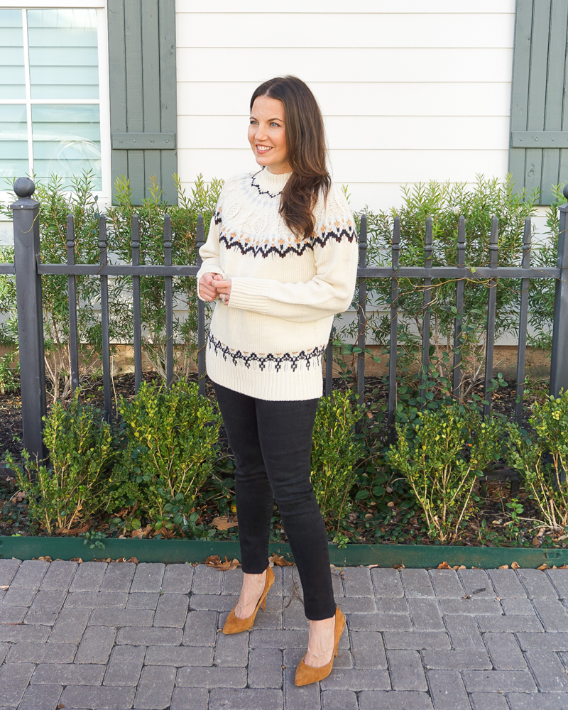 winter outfits | high neck fair isle sweater | black denim | Houston Fashion Blogger Lady in Violet