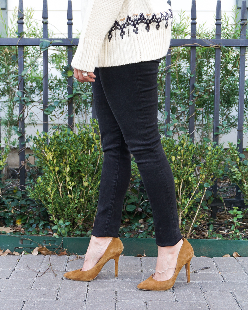 casual winter outfit | high waist black skinny jeans | Over 30 fashion blog lady in violet