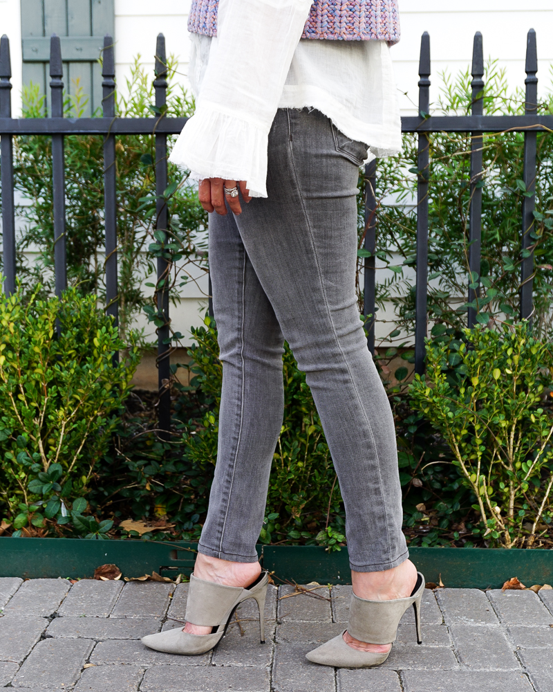 fall fashion | gray skinny jeans | gray suede heels | Houston Fashion Blogger Lady in Violet