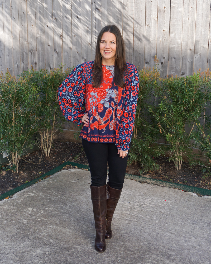 season transitional fashion | red blue long sleeve peasant top | black skinny jeans | Fashion for Women Over 30 Blog Lady in Violet