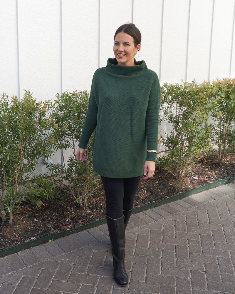 winter outfit | dark green long sweater | black leggings | Over 30 Fashion Blog Lady in Violet