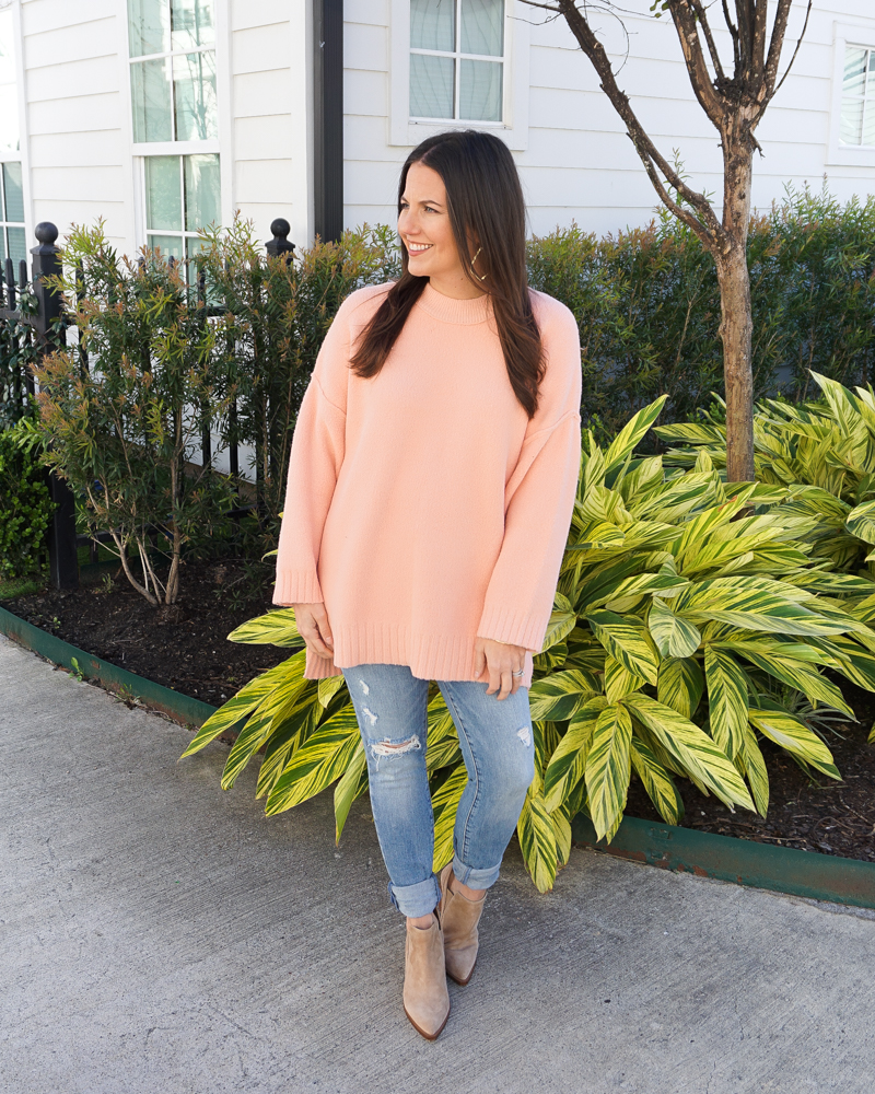 winter outfit | pink tunic sweater | light wash ripped jeans | Over 30 Fashion Blogger Lady in Violet