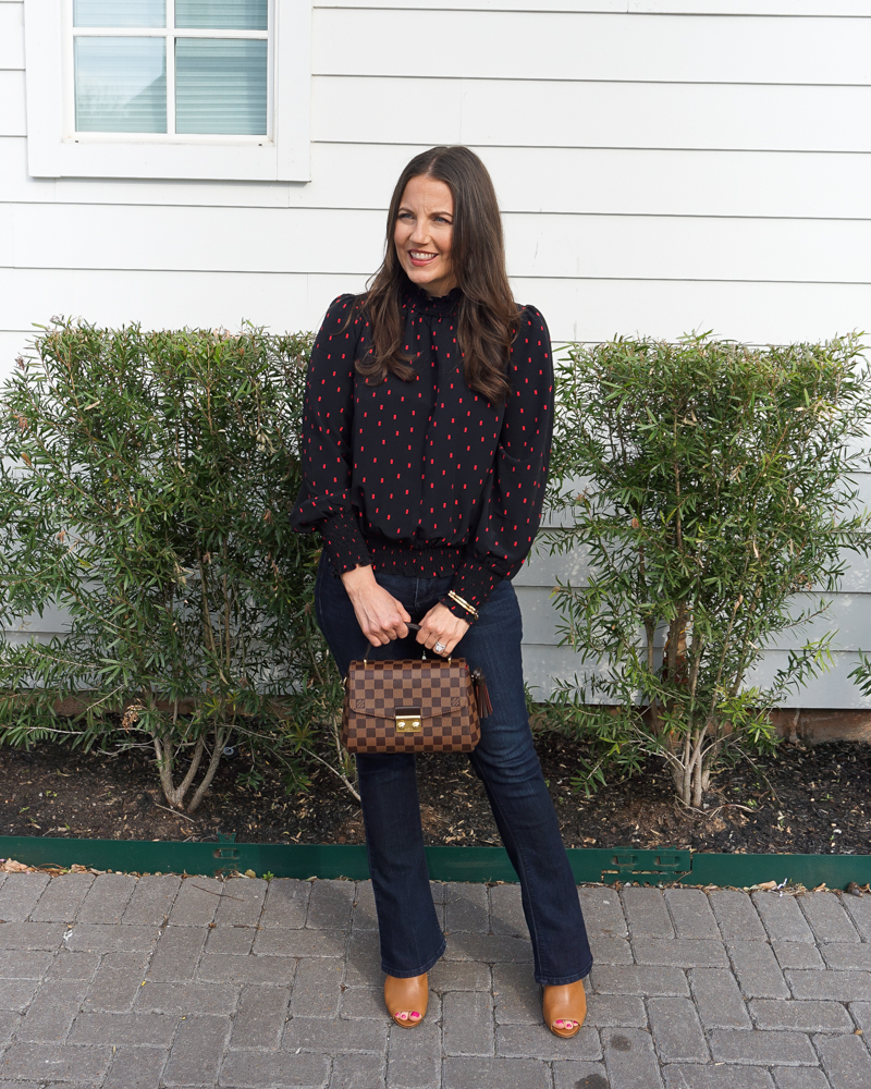 business casual work outfit | long sleeve black blouse | louis vuitton croisette purse | Houston Fashion Blog Lady in Violet