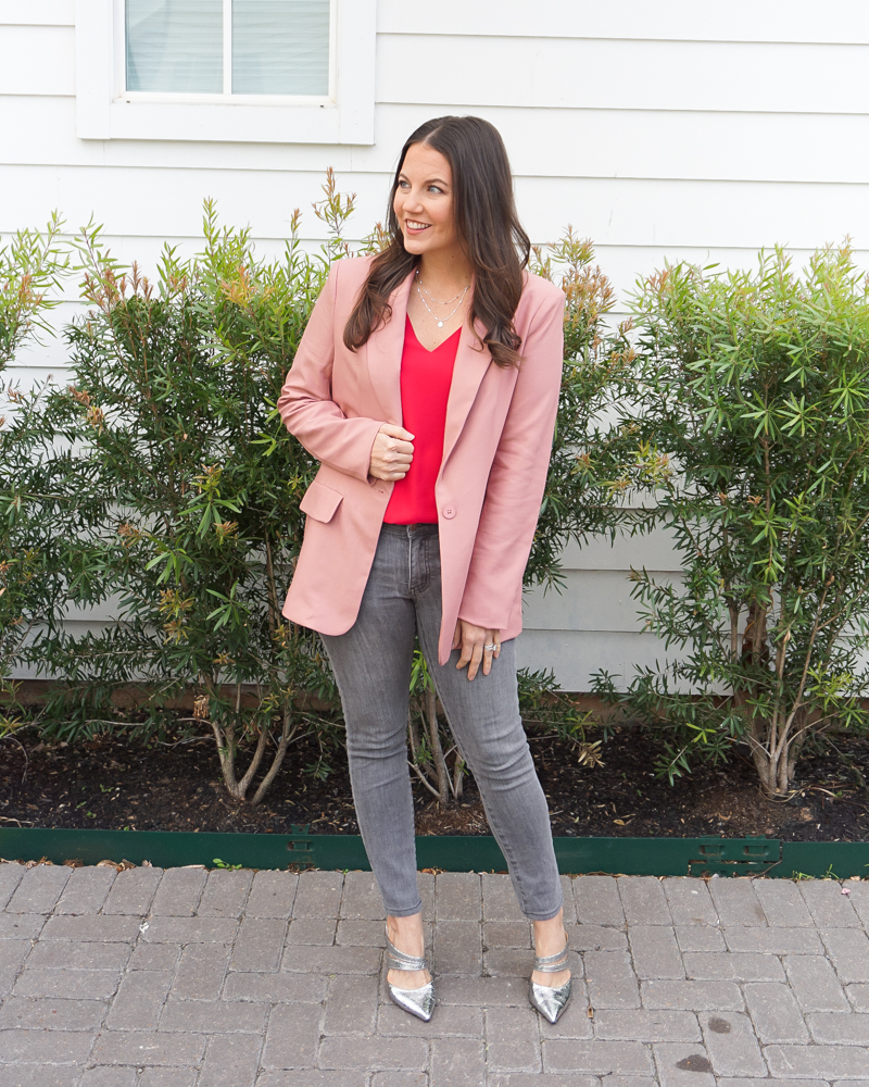 spring outfit | rose pink blazer | red cami top | Petite Fashion Blog Lady in Violet