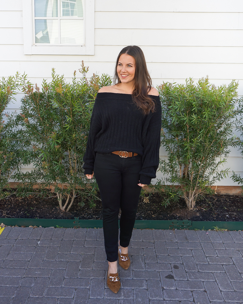 winter outfit | black off the shoulder sweater | Houston Fashion Blog Lady in Violet